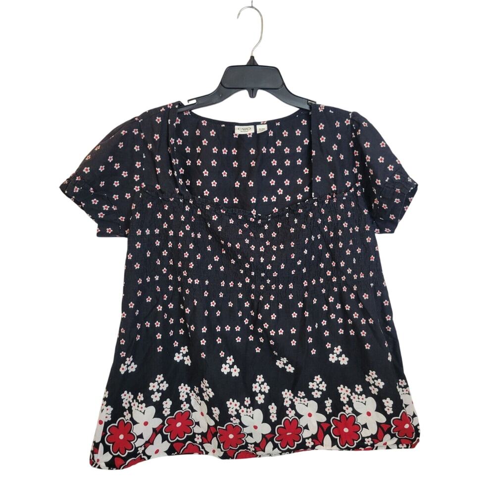 Cato‎ Black Red Floral Square Neck Smocked Short Sleeve Top Women's Size 14/16
